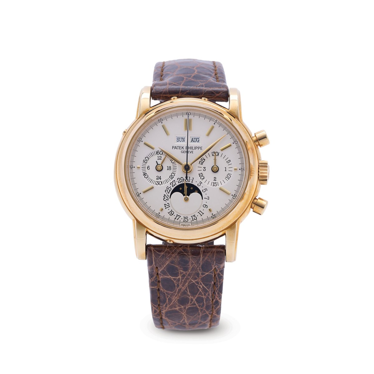 Front view of the Patek Philippe Ref. 3970 perpetual calendar chronograph in 18k yellow gold on a leather strap