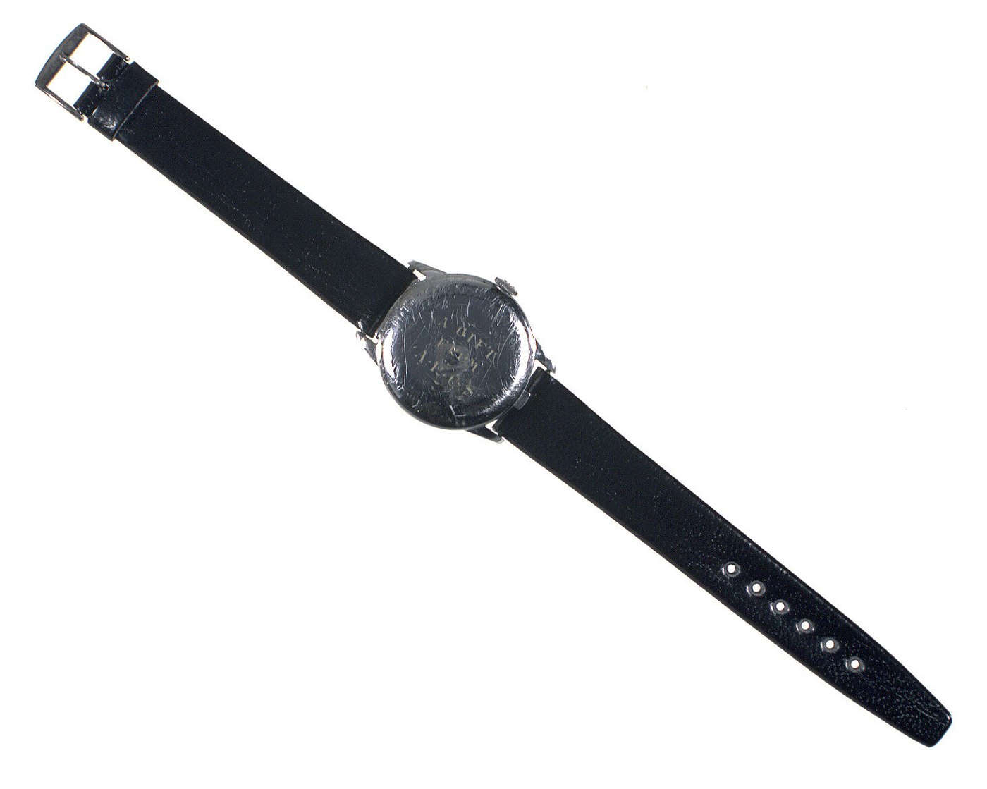 Tactile wristwatch with a protective hinged cover, featuring a black strap and engraved dedication.