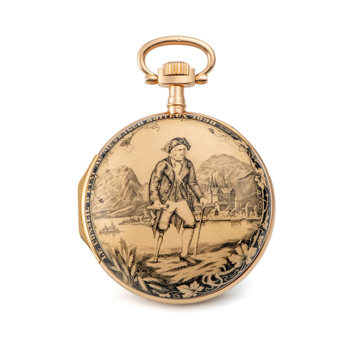 Back view of the 18K gold pocket chronometer showing the grisaille enamel miniature by Johann Lanz
