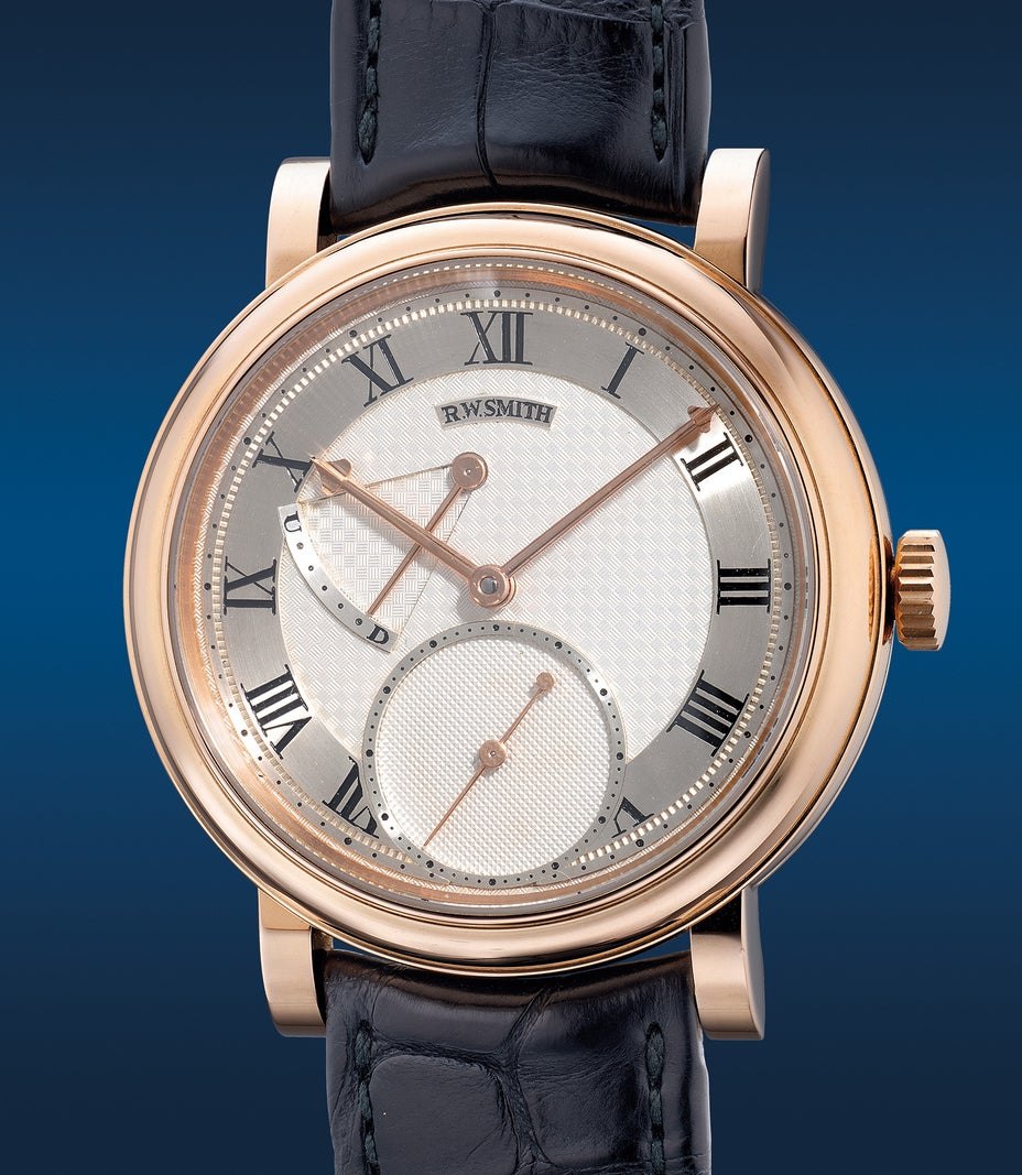 Front view of the Roger Smith Series 2 pink gold wristwatch showing the dial layout, hands, and strap attachment