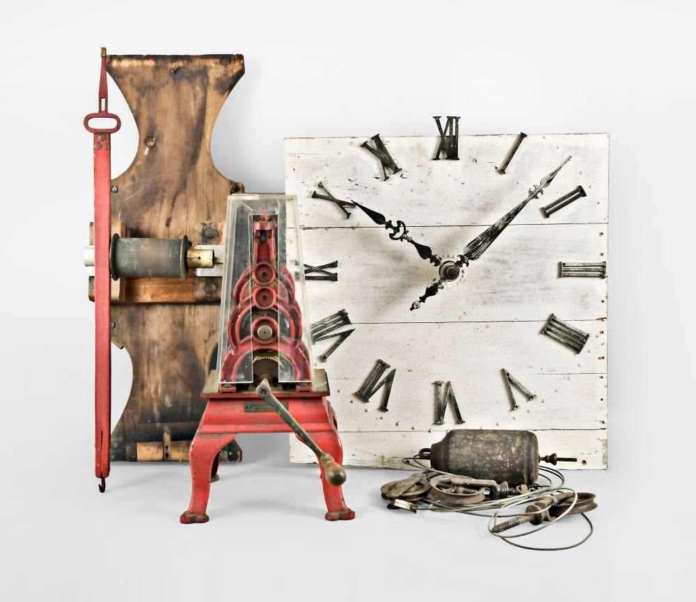 George M. Stevens & Co. tower clock movement, painted dial, pendulum rod, bob, mounting board, and pulleys