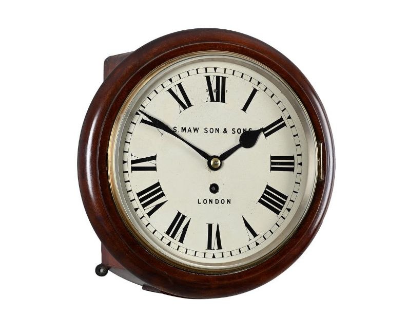 Front three-quarter view of the Victorian mahogany fusee dial wall timepiece