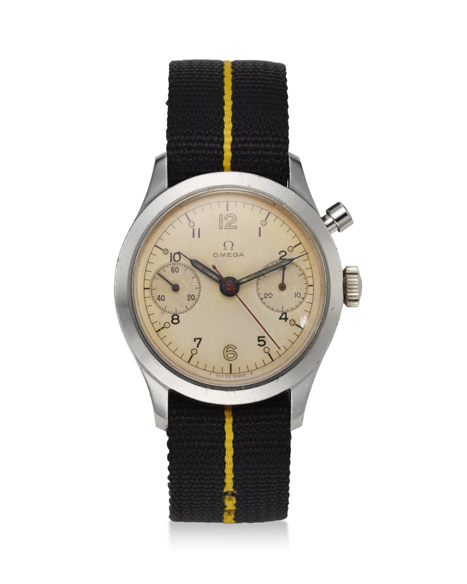 Front view of the Omega Ref. 34-62 monopusher chronograph showing cream dial and single pusher