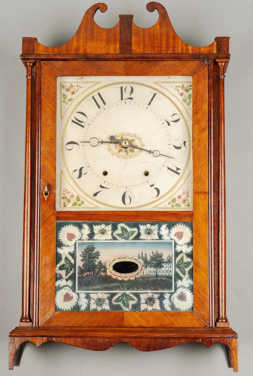 Front view of the Wadsworth, Lounsbury & Turner pillar and scroll shelf clock