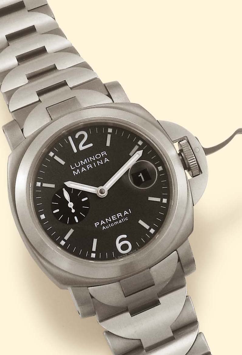 Front view of the Officine Panerai Luminor Marina showing the gray dial, subsidiary seconds at 9, date at 3, and the patented crown locking lever.