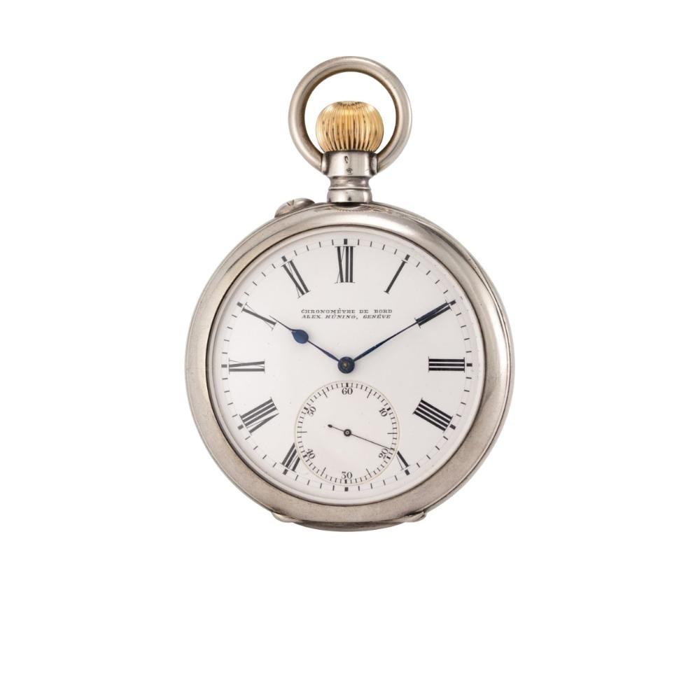Dial view of the Alexander Hüning Chronomètre de Bord deck watch in silver case