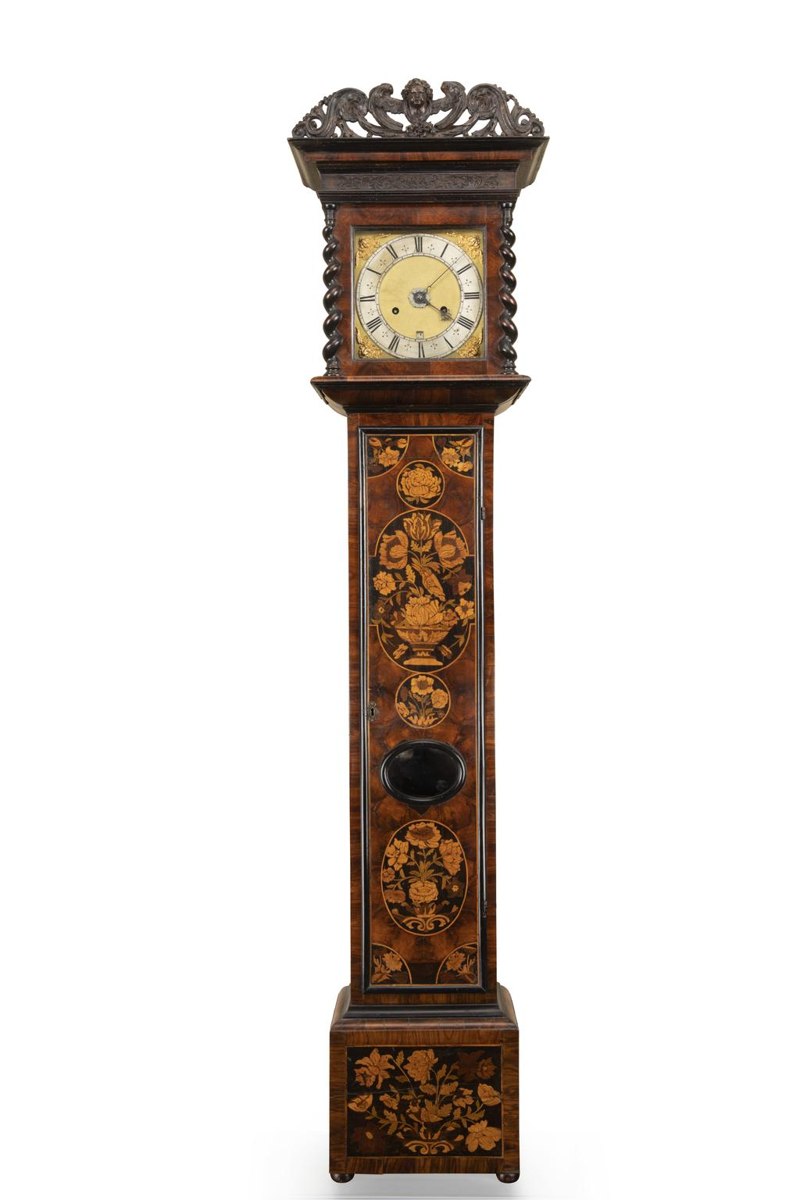 Full-length front view of the William Cattell marquetry longcase clock