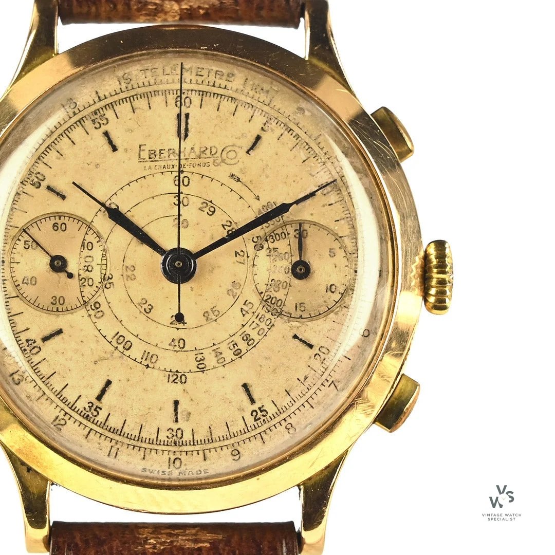 Front view of the Eberhard & Co. 18k rose gold chronograph wristwatch dial and case