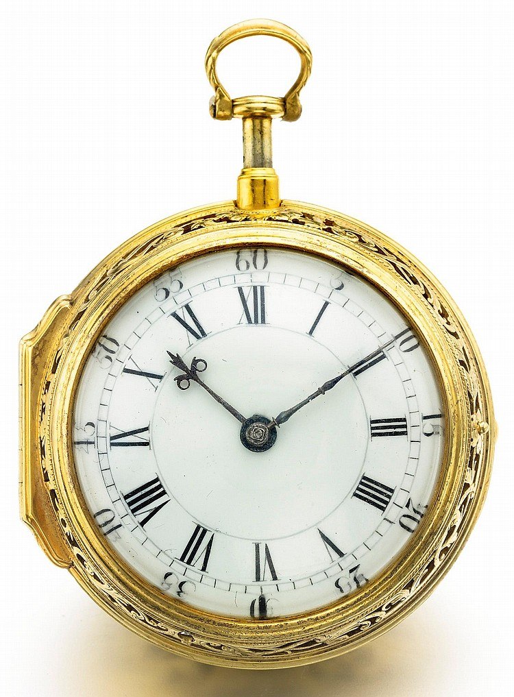 Front view of the Daniel Quare gilt quarter repeating pocket watch showing the pierced bezel and enamel dial