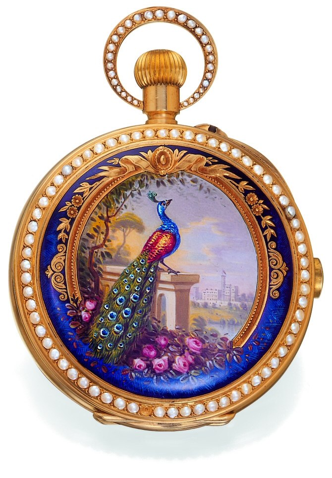Exterior view of the hunting-cased chronograph, showing the painted enamel peacock scene on the cover, pearl-set bezel, and pearl-set bow.