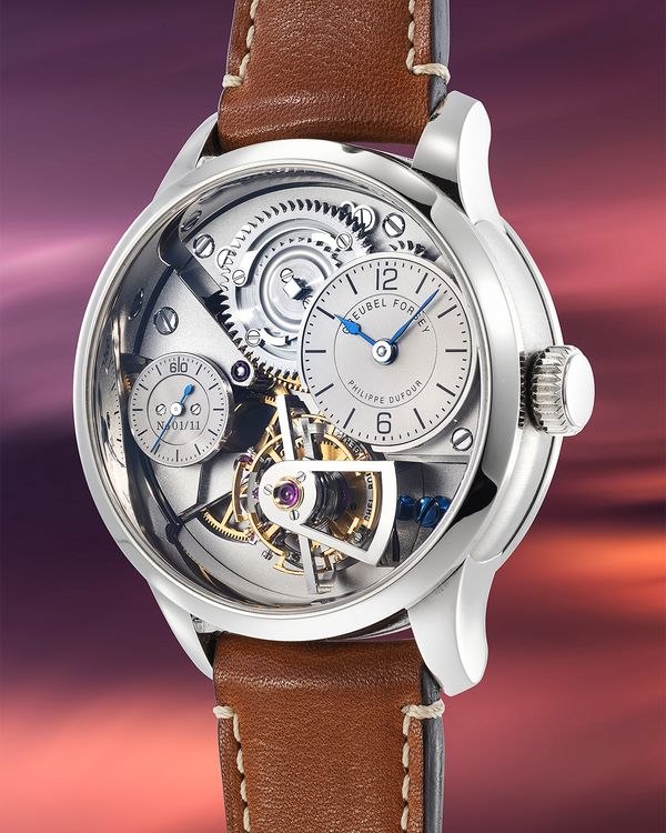 Front view of Naissance d'Une Montre 1, No. 1 in 18k white gold on leather strap