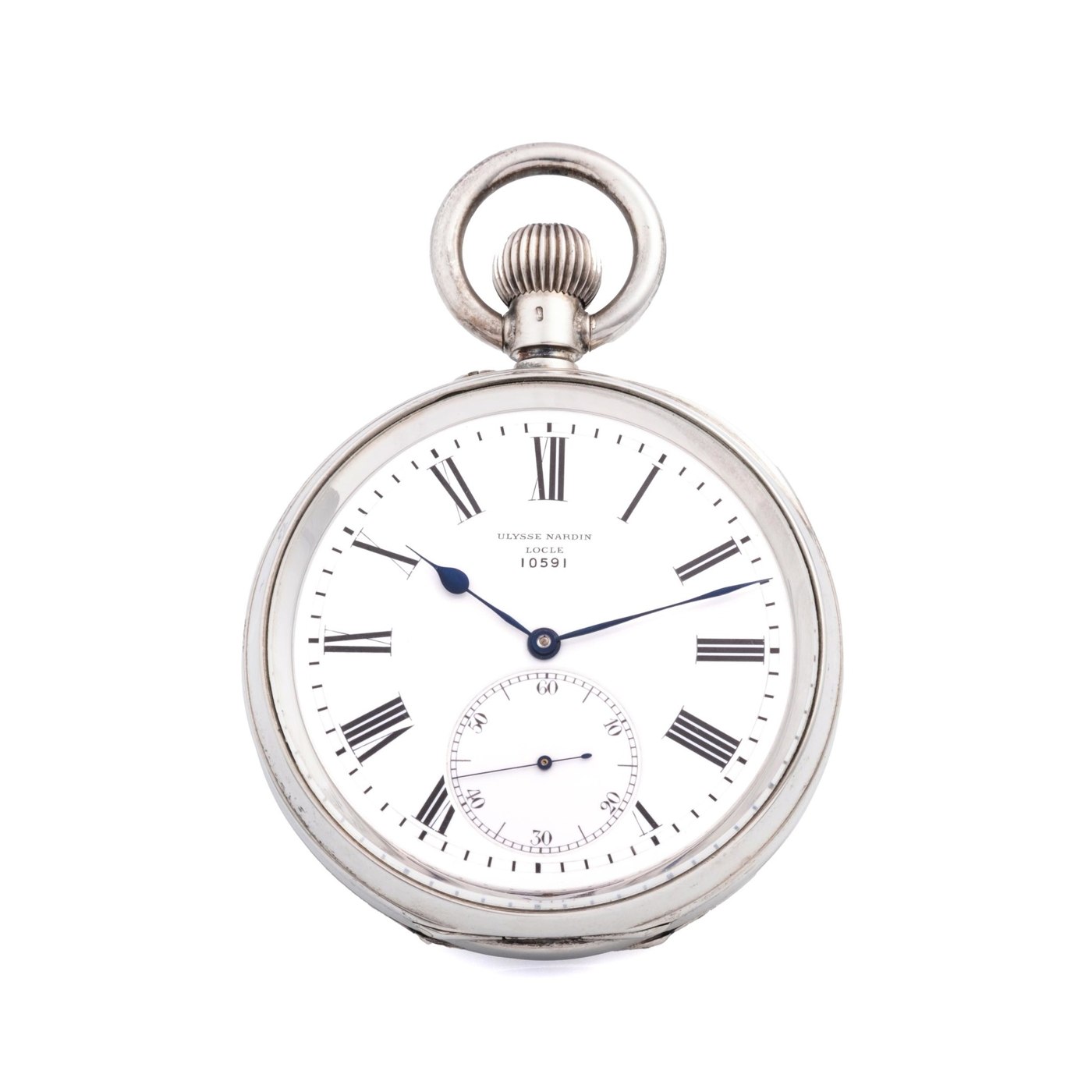 Front view of the 58 mm silver Ulysse Nardin deck pocket chronometer showing the white enamel dial.