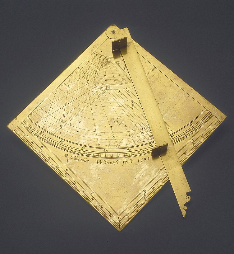 Obverse face of the brass quadrant showing the shadow square, the horary quadrant with straight lines, and the signature of Charles Whitwell.