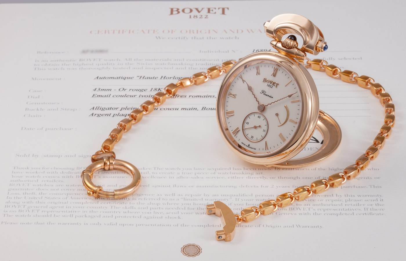 Bovet Amadeo reference AF43001 in 18K pink gold with its original documentation and gold-plated silver chain.