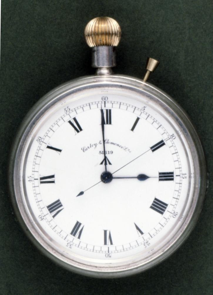 Dial view of the Carley & Clémence open-face centre-seconds deck watch showing the enamel dial and blued steel hands