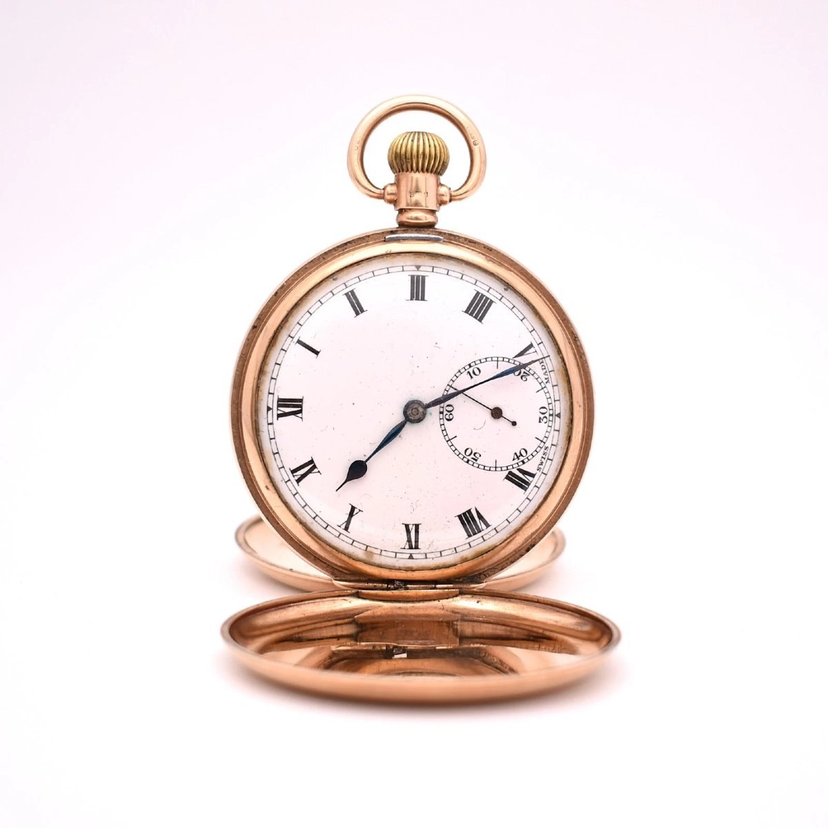 Front view of the Dennison 9ct gold full hunter pocket watch with open cover showing dial