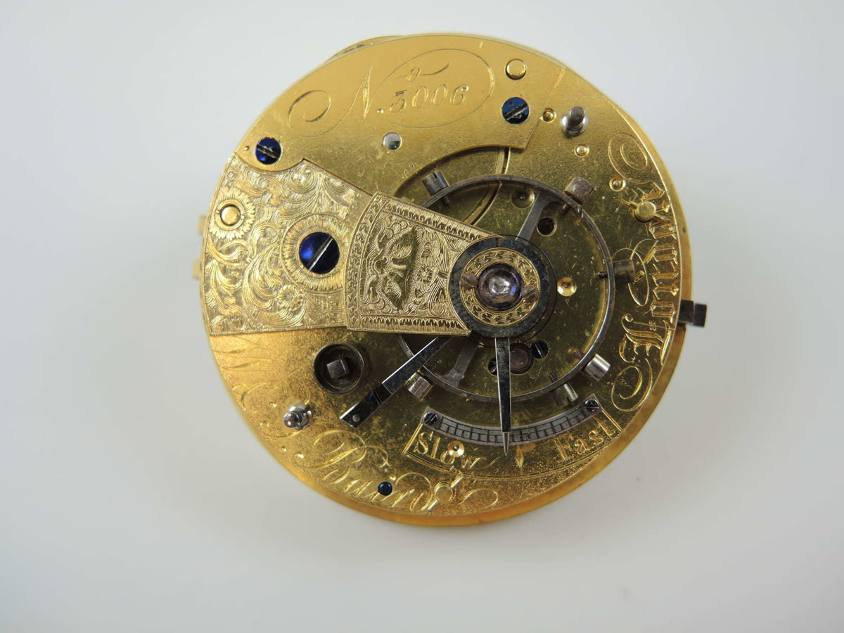 Top-plate view of the W & I Baird duplex fusee movement showing the large balance, diamond endstone, and grotesque face engraving