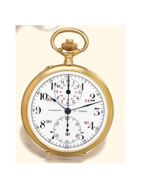 Dial and case front view of the Contetout 18K gold keyless chronograph pocket watch