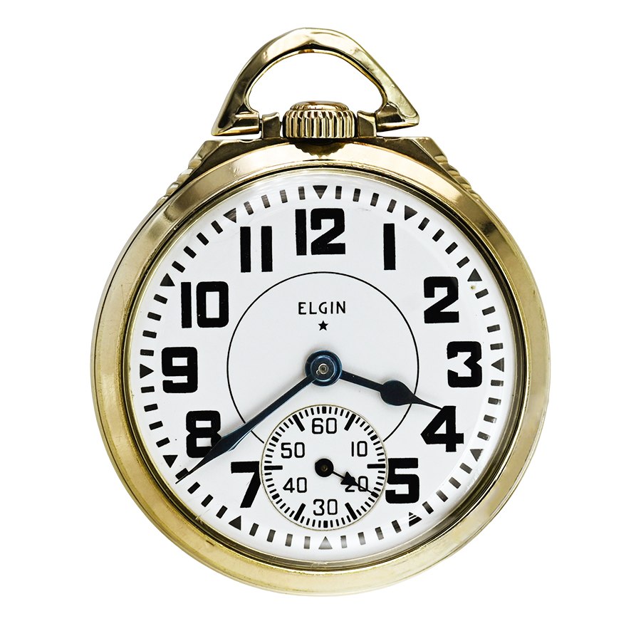 Dial and front view of the Elgin railroad pocket watch in a gold-filled case