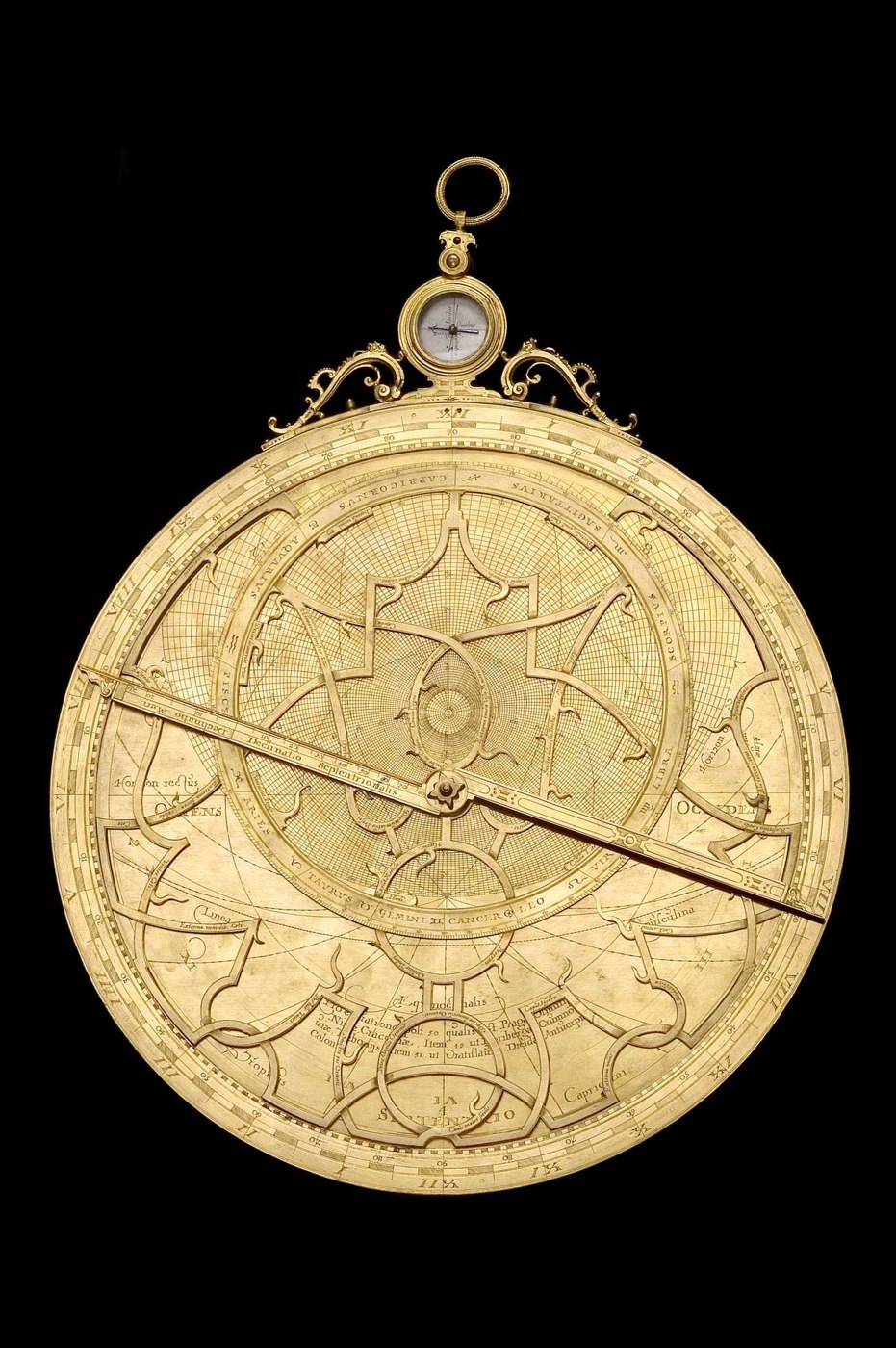 Front view of the Habermel astrolabe showing the rete and compass-bearing throne.