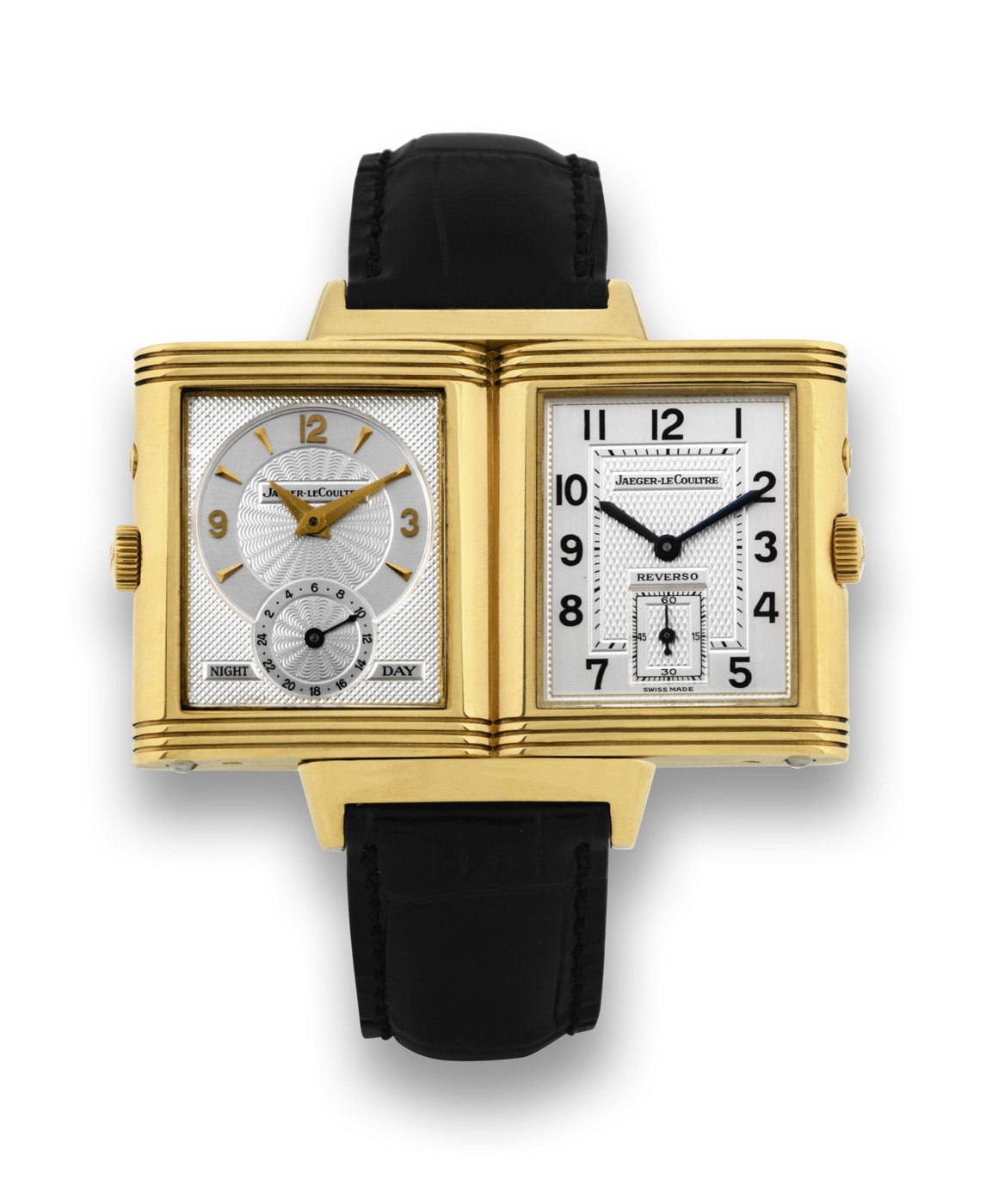View of the Jaeger LeCoultre Reverso Duo Face Night Day, showing the front silver guilloché dial on the right and the back anthracite guilloché dial on the left.