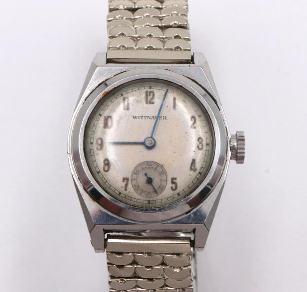 Front view of the Wittnauer wristwatch showing the dial, case, winding crown, and expansion bracelet