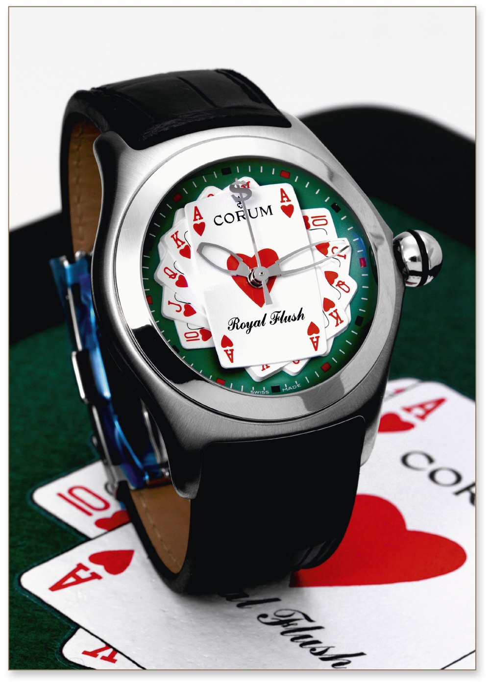 Corum Bubble Royal Flush wristwatch with poker-themed dial