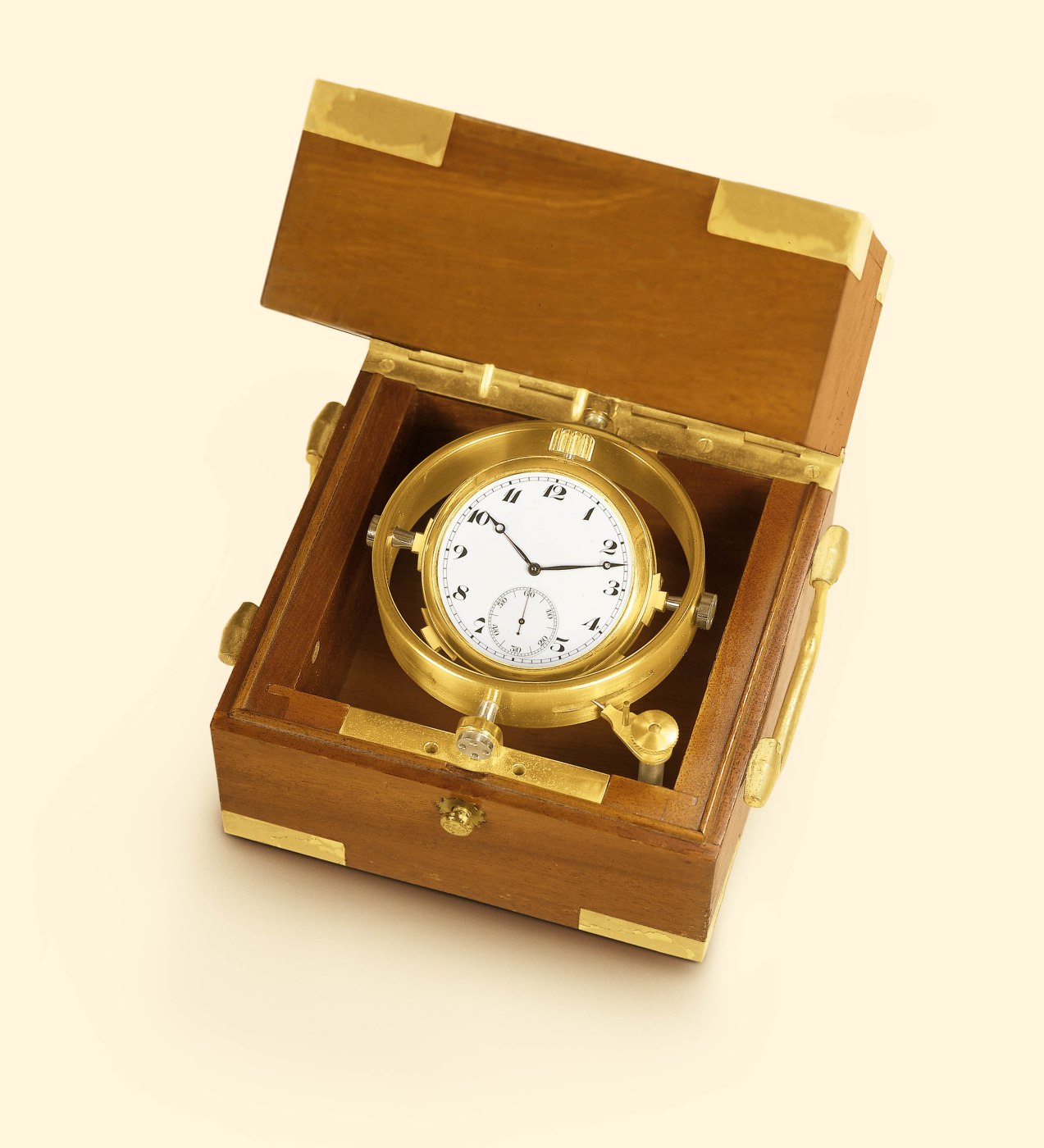 James C. Pellaton Tourbillon deck chronometer No. 1944, housed in its original mahogany gimbaled box.