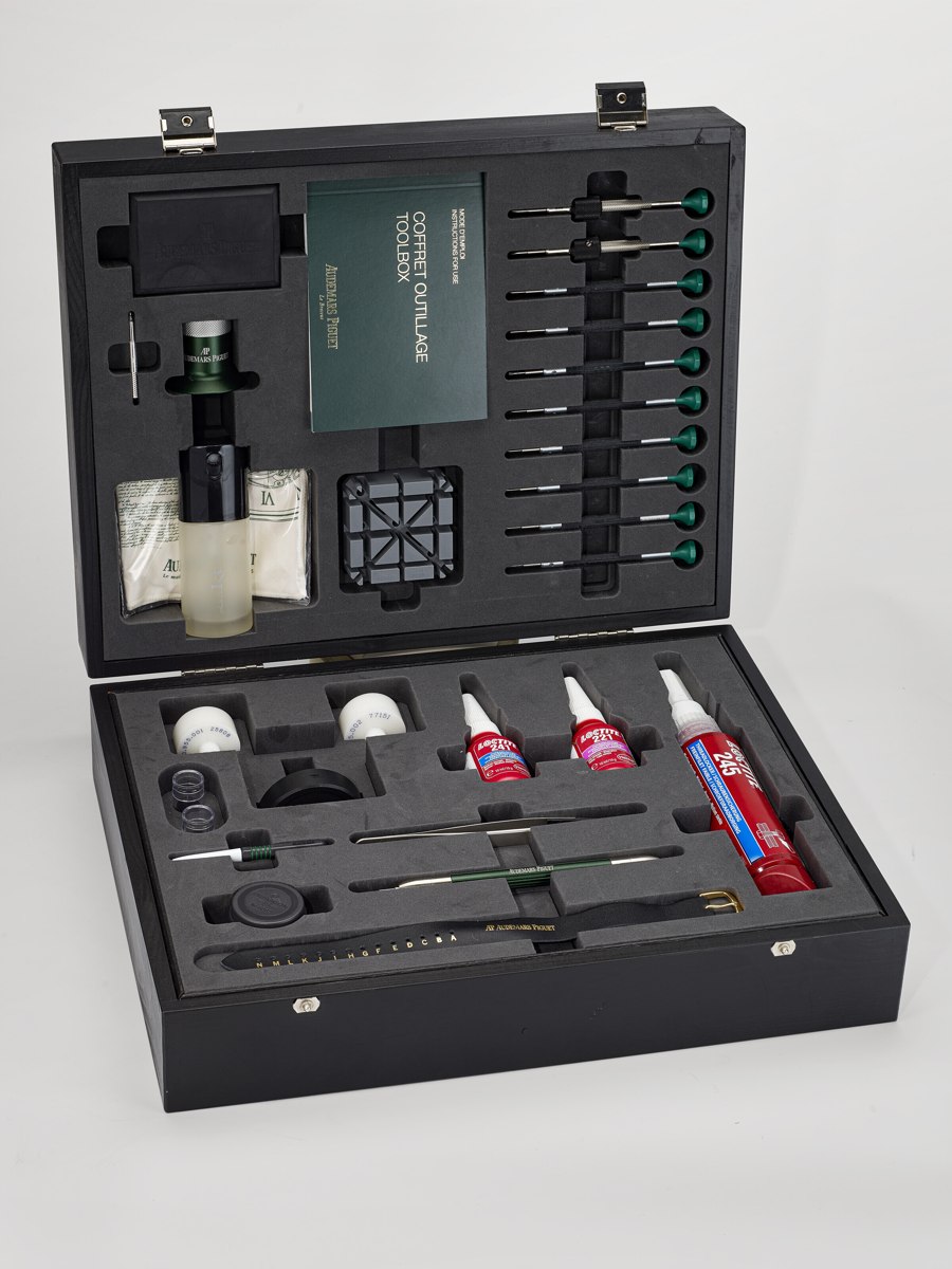 Audemars Piguet watchmaker's wooden tool box with fitted tools and accessories