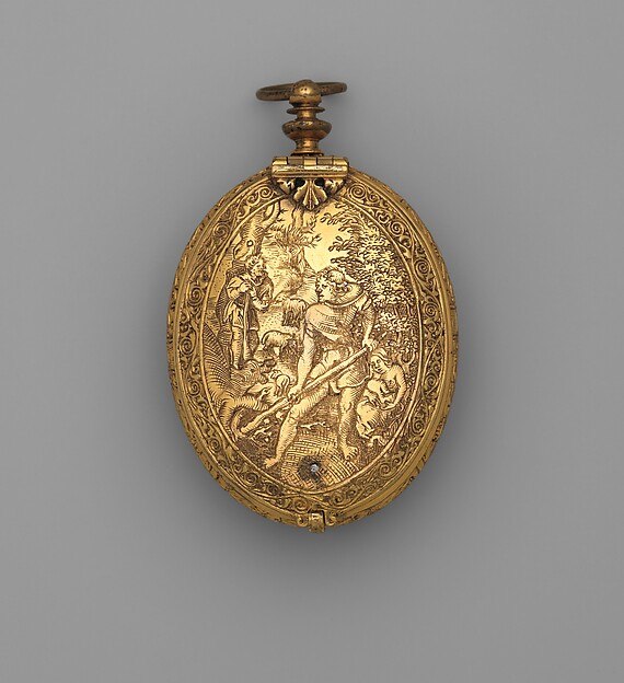 Exterior view of the engraved case back depicting Adam at work, with the pendant visible at the top.