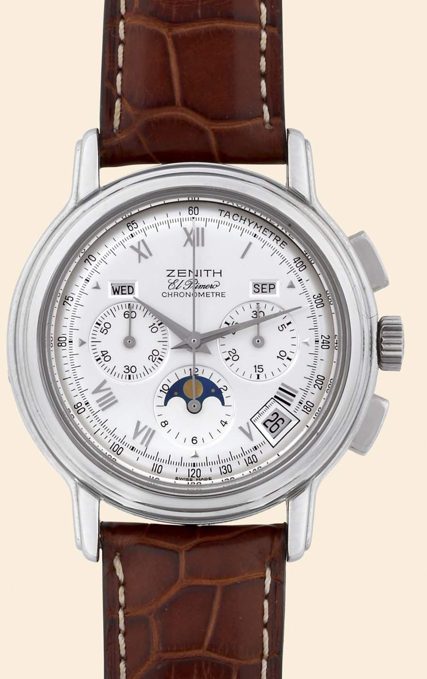 Front view of the Zenith ChronoMaster El Primero showing the dial layout including triple date apertures and moon phase indicator.