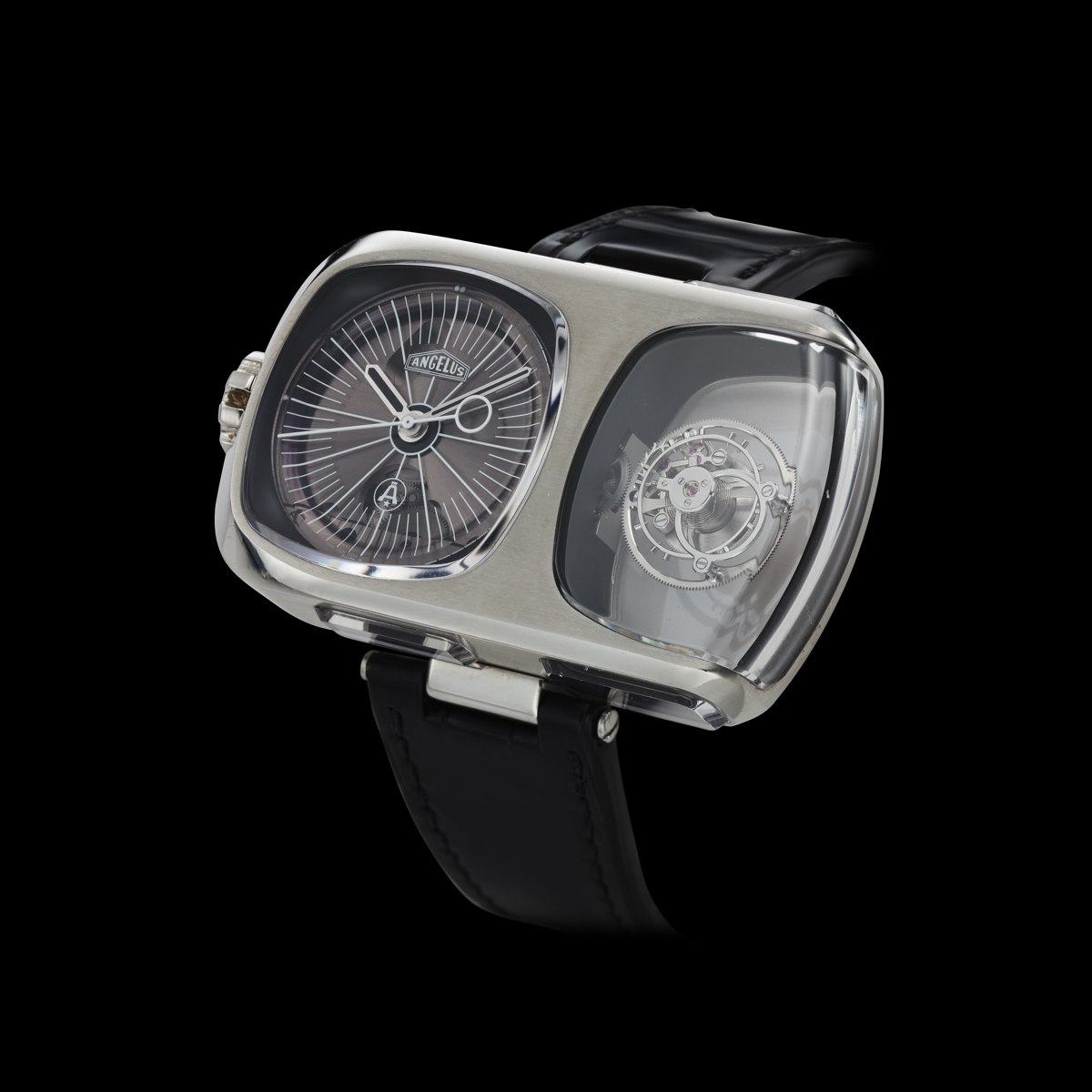 Front three-quarter view of the stainless steel Angelus U10 Lumiere Tourbillon showing the dual-chamber dial and tourbillon display.