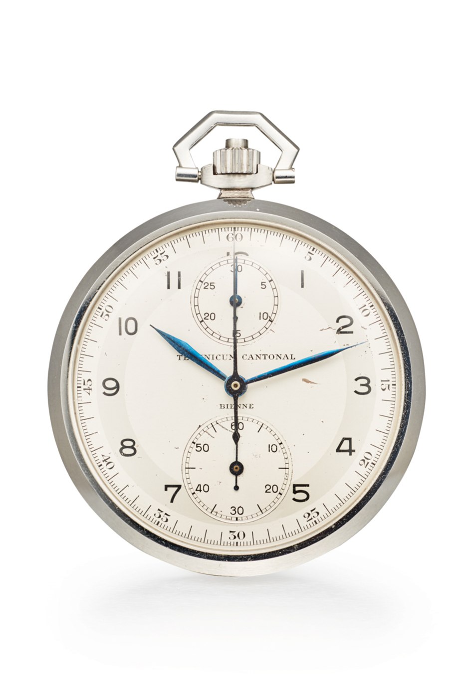 Front view of the Technicum Cantonal chronograph pocket watch, showing the dial, subsidiary registers, and the winding crown with integrated push-piece.