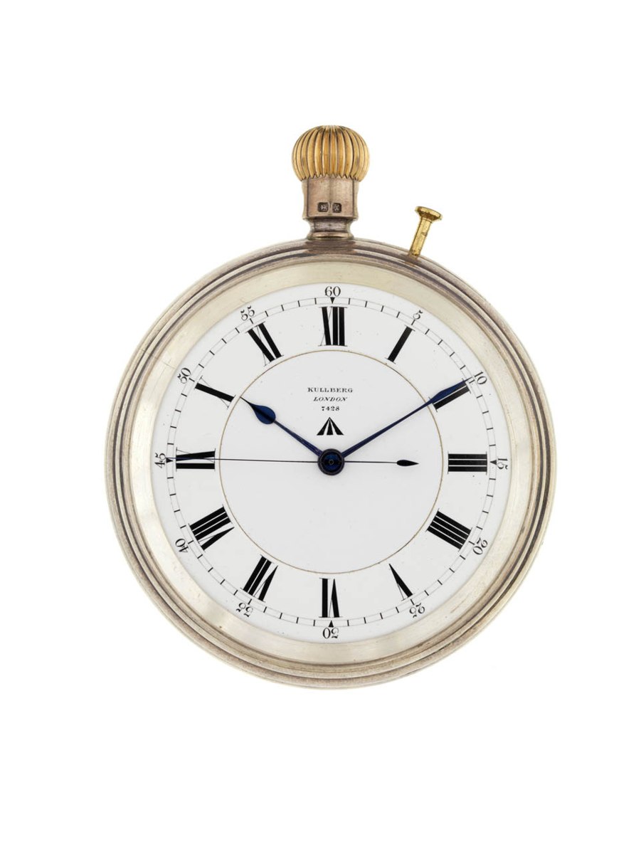 Front view of Victor Kullberg karrusel deck watch No. 7428 showing dial and case