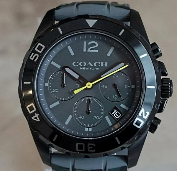 Front view of the Coach Kent chronograph wristwatch dial, bezel, and case