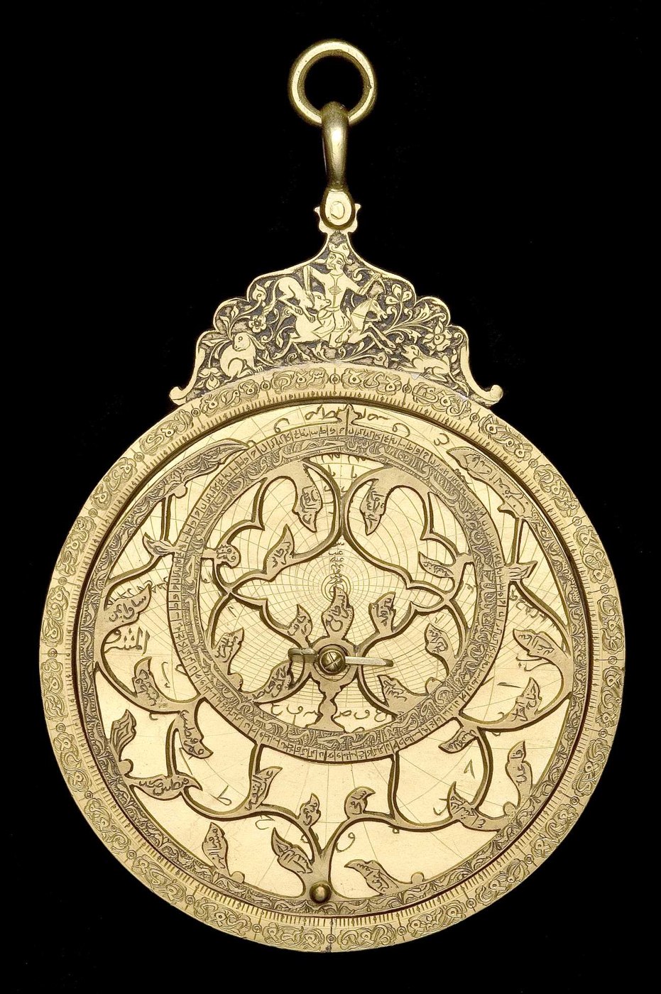 Front view of the astrolabe showing the rete and the hunting scene on the throne.