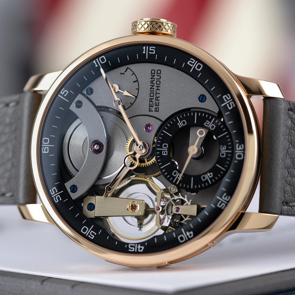 Front three-quarter view of the Ferdinand Berthoud Chronomètre FB 3SPC.2 in 18k rose gold