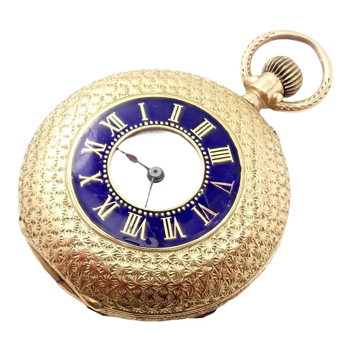 Oblique view of the closed half-hunter 14k yellow gold pocket watch showing the blue enameled Roman numeral chapter ring