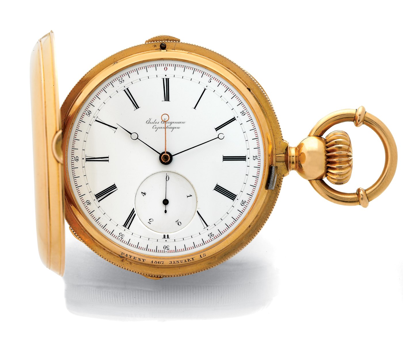 Front view of the Jules Jürgensen hunting-cased watch with the cover open, showing the dial, hands, and crown/bow.