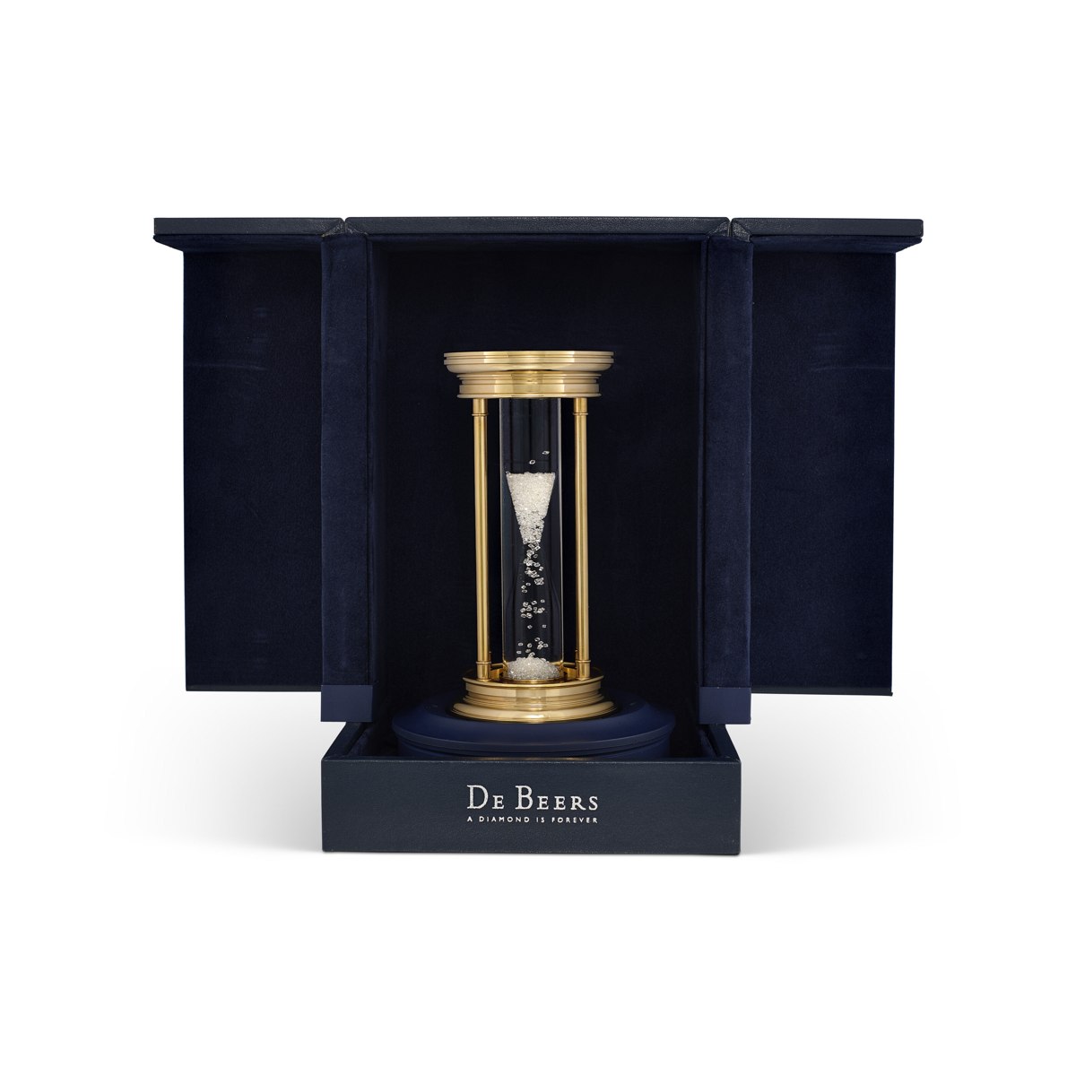 Front view of the De Beers diamond hourglass inside its open presentation case