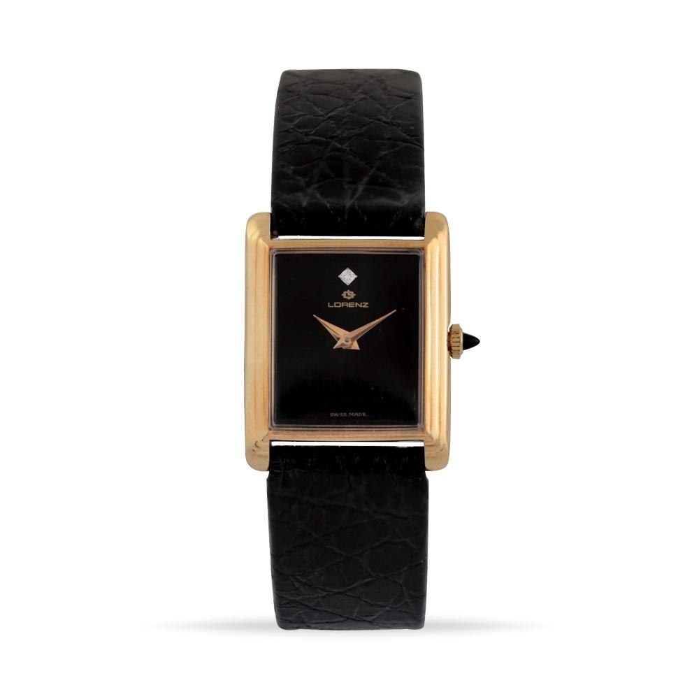 Lorenz 18K yellow gold wristwatch with black dial and leather strap