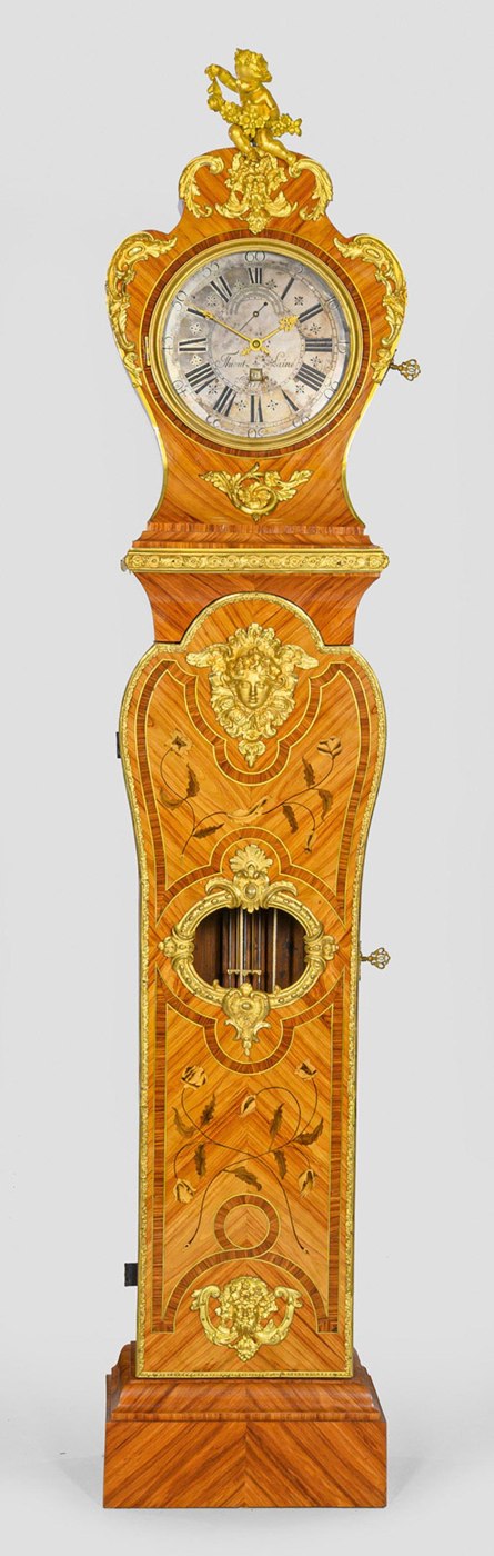 Front view of the Louis XV long case clock by Antoine Thiout, showing the rosewood veneer, marquetry, and bronze mounts.