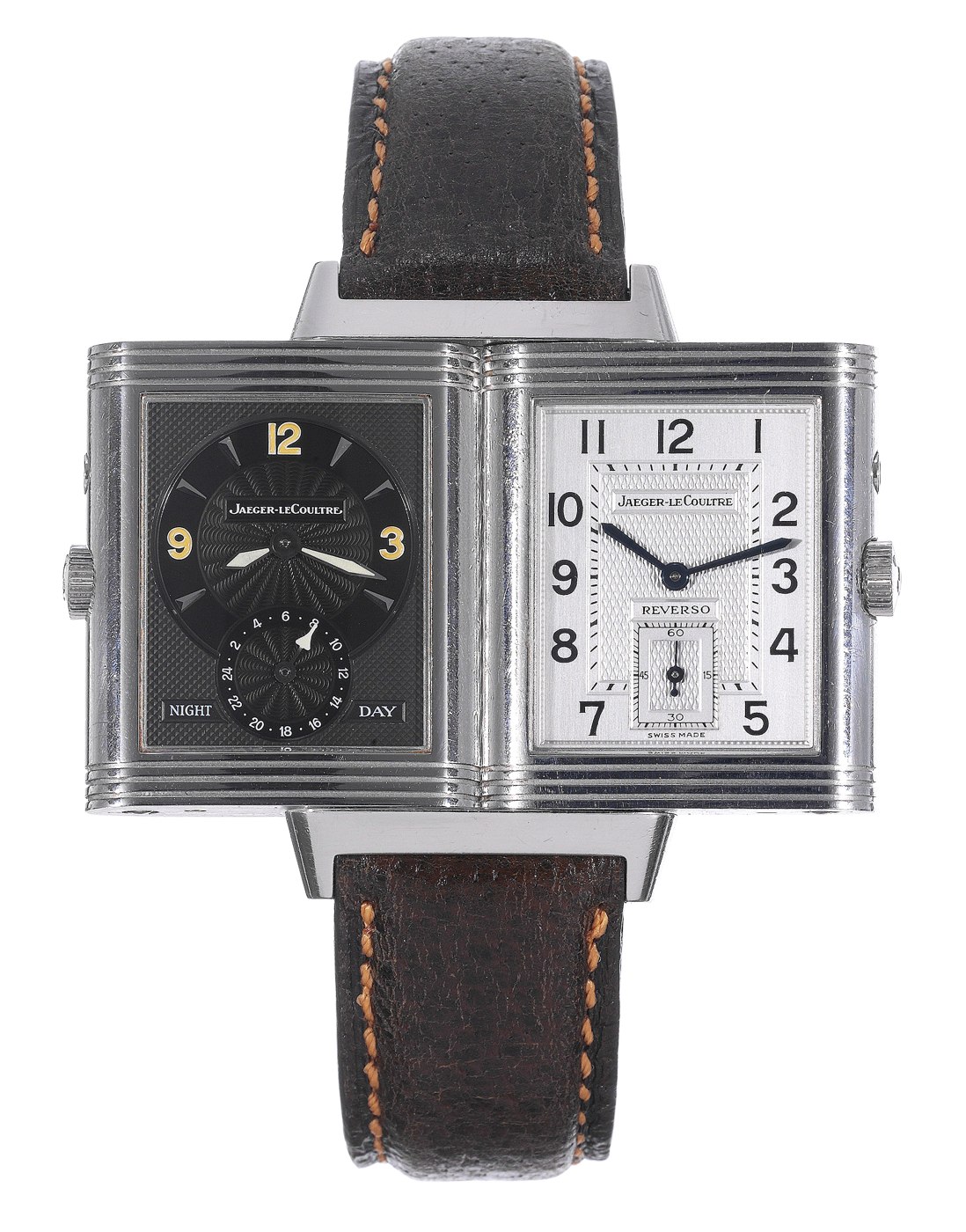 Front and reverse view of the Jaeger-LeCoultre Reverso Duoface, demonstrating the two-dial reversible mechanism.