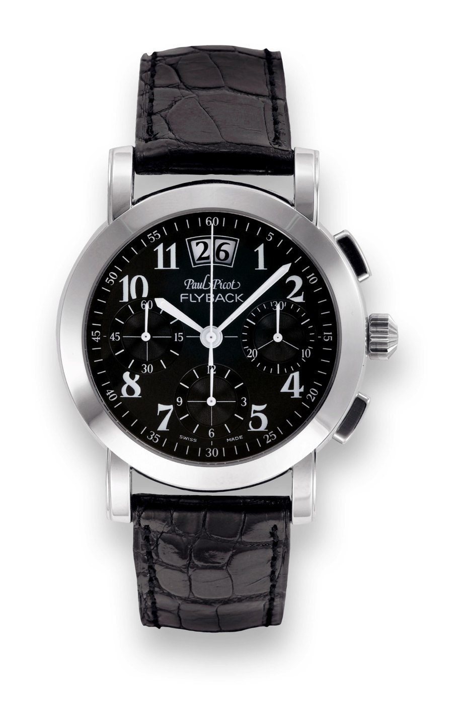 Front view of the Paul Picot Flyback Firshire stainless steel wristwatch on a black strap.