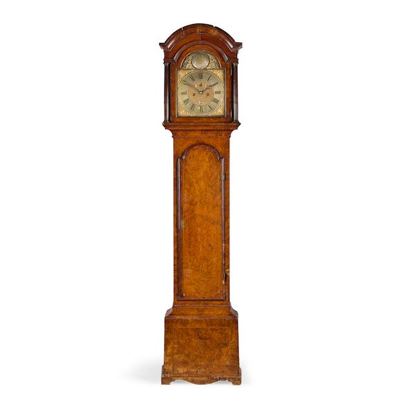 Full-length frontal view of the burr walnut longcase clock