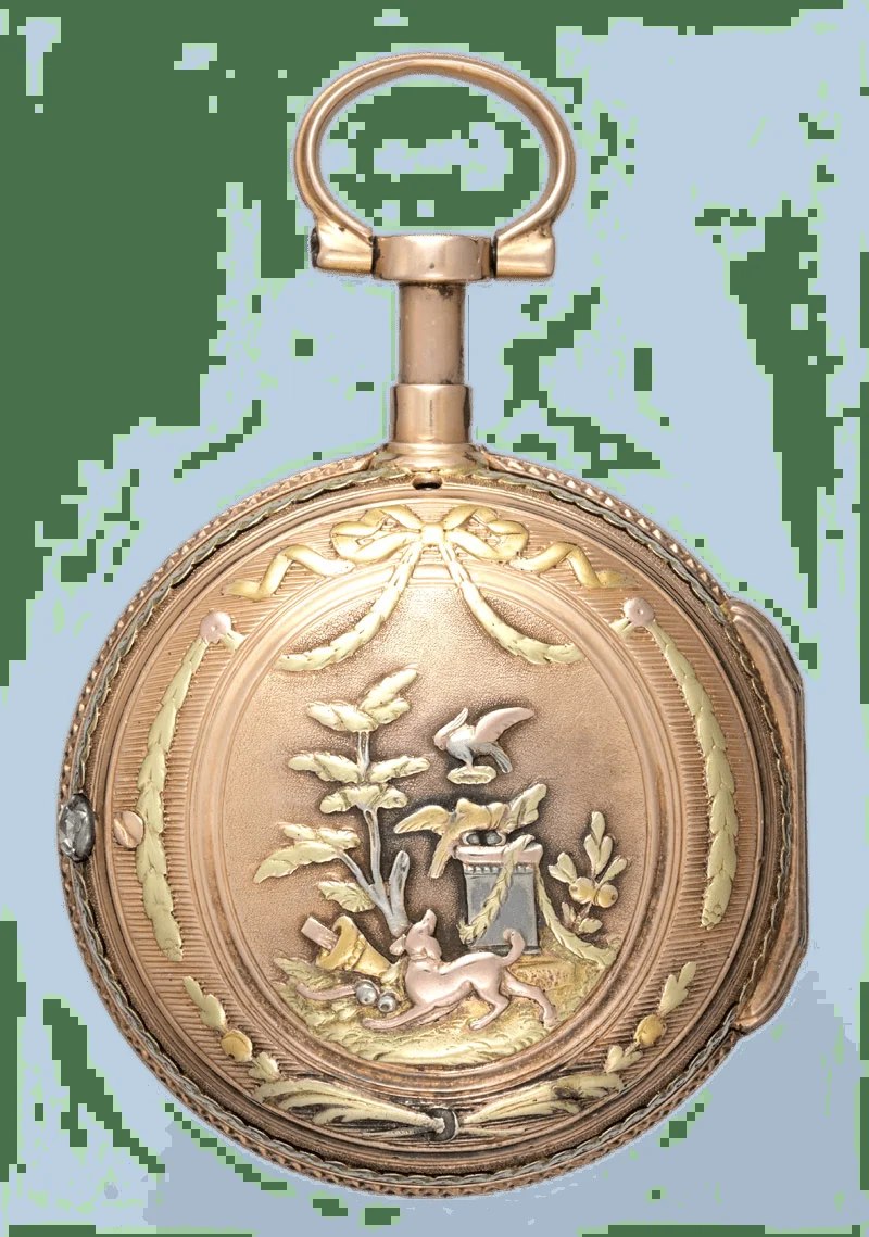 Back view of the chased multi-color gold case showing a garden scene with a dog and birds