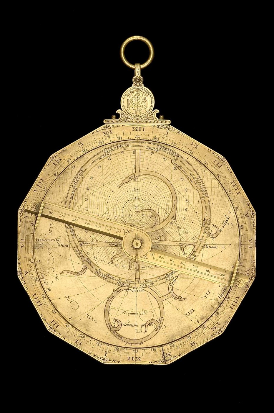 Front view of the dodecagonal astrolabe showing the rete, scales, and alidade.