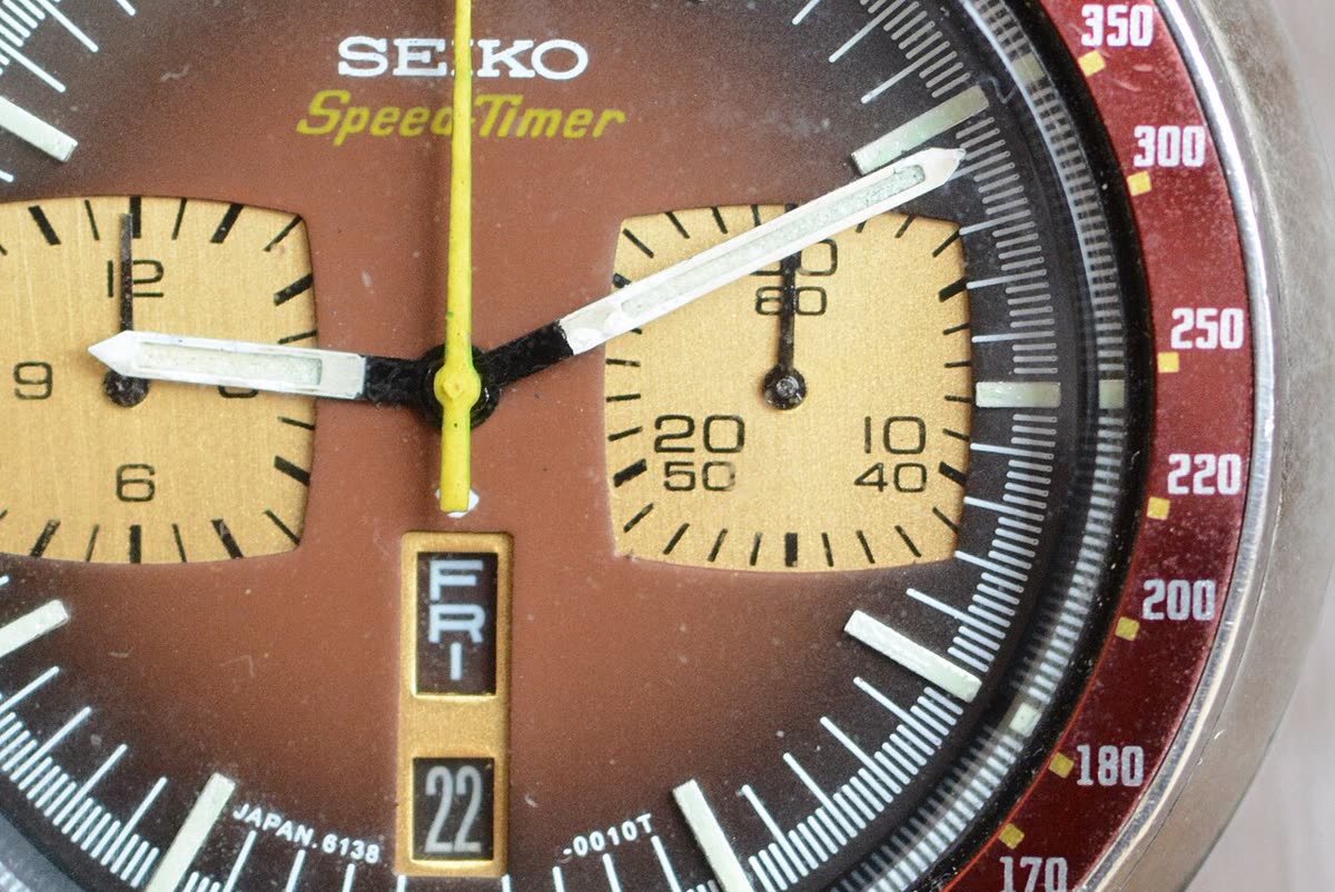 Dial detail of a Seiko Speed-Timer Chronograph Automatic 6138-0040 ("Bullhead"), 1976