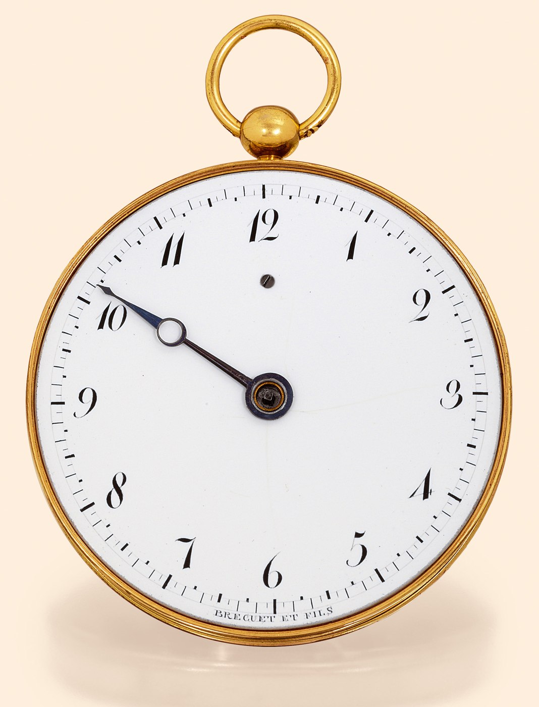 Front view of the Breguet Montre de Souscription, showing the white enamel dial and blued-steel hand signed 'Breguet et Fils'.