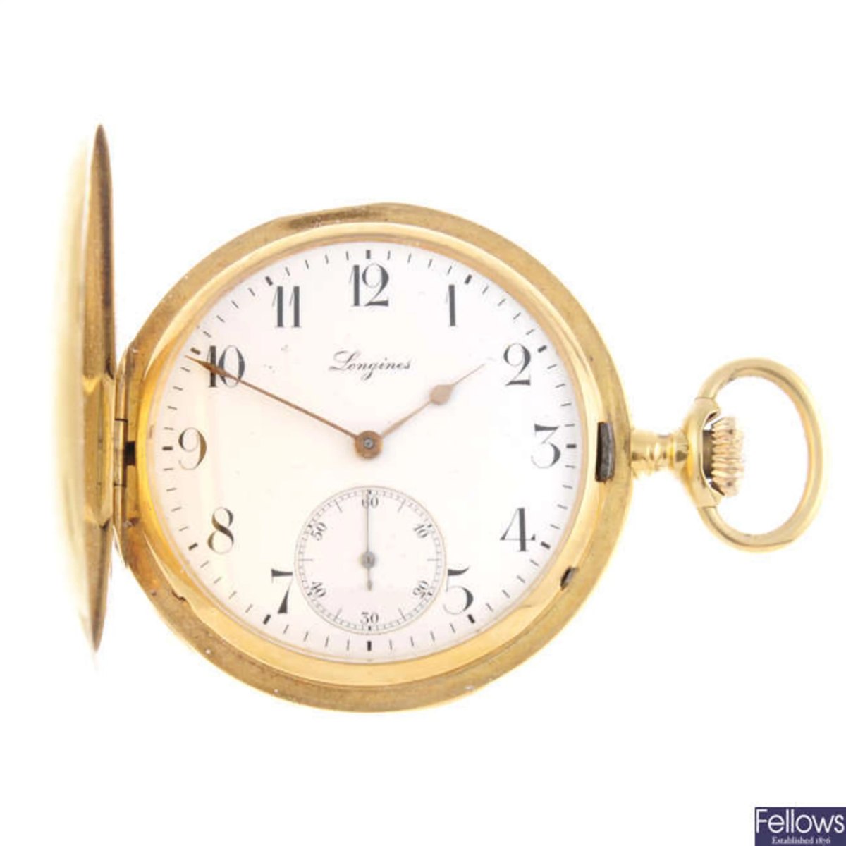 Dial and open front hunter case of the Longines pocket watch